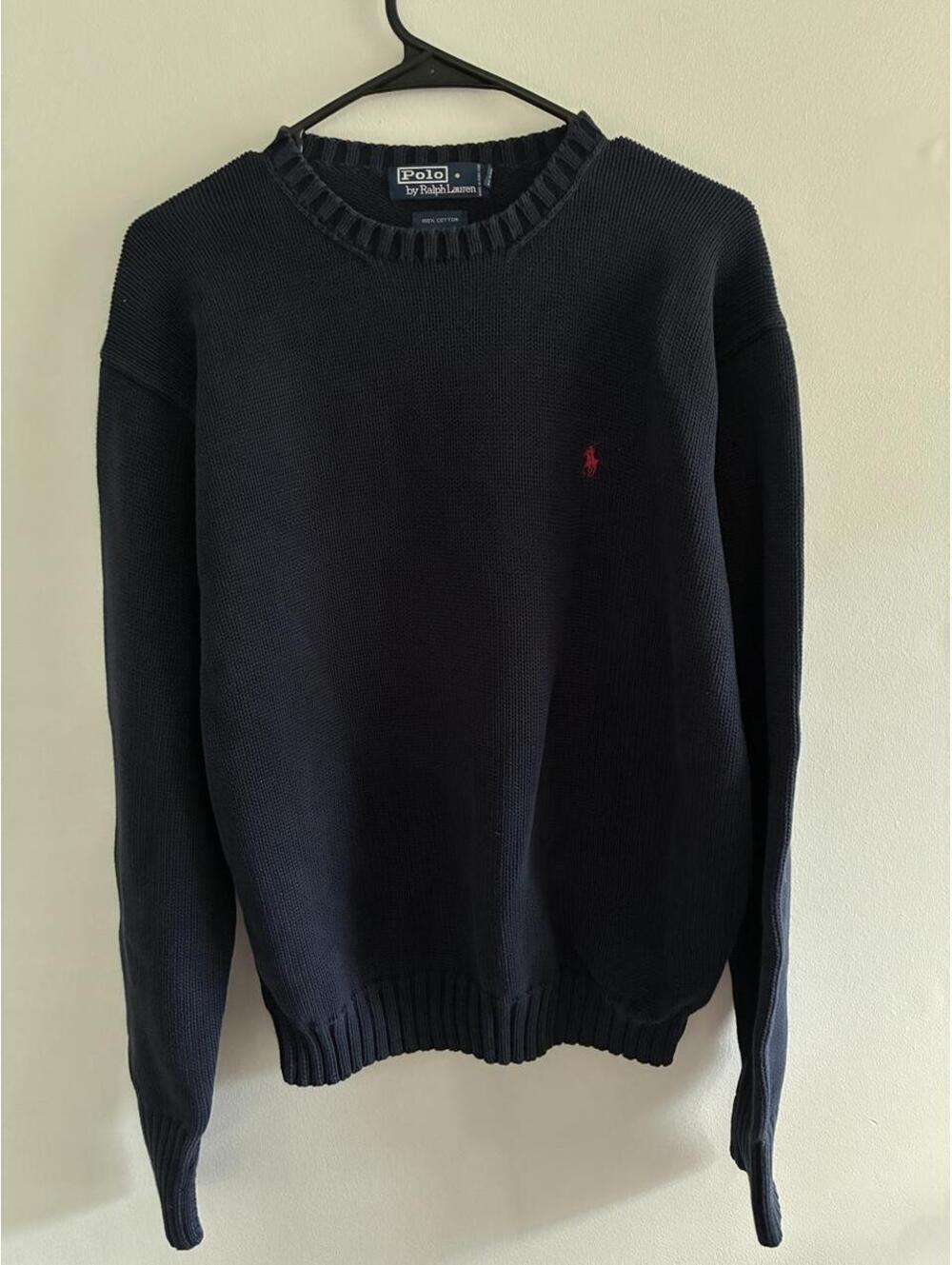 Polo Ralph Lauren Men's Navy and Black 100% Cotton Crew Neck Sweater with Red Em